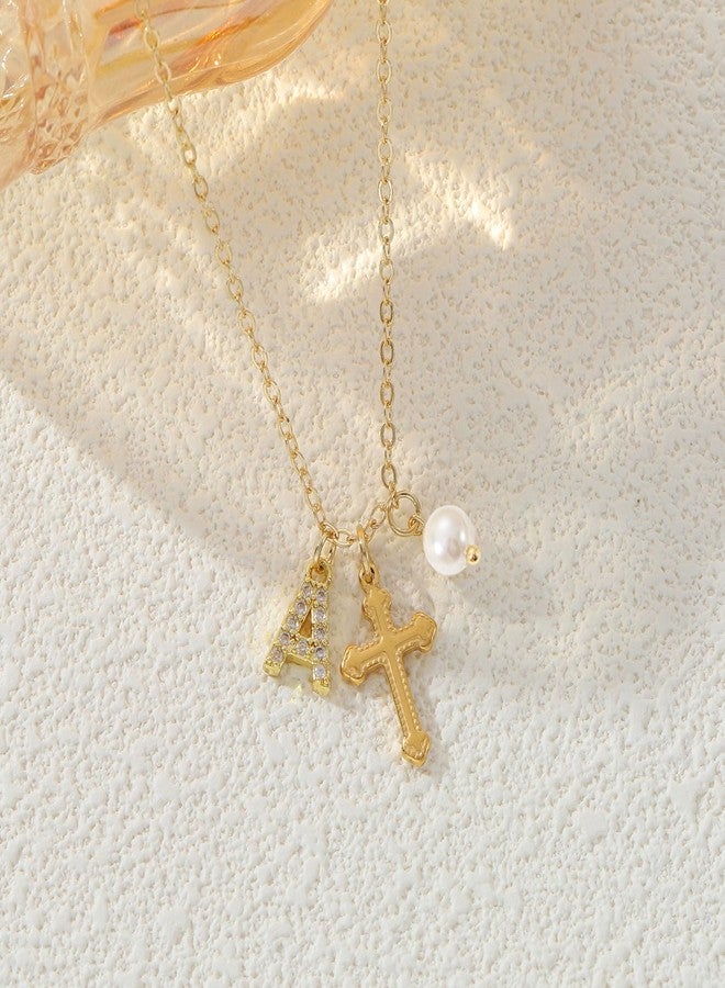 ENASAL Cross Pearl Necklace for Girls, First Communion Baptism Confirmation Little Girls Jewelry Gifts for Teenage Daughter Best Friend, Initial Necklace Christian Gifts for Women -A - Image 2